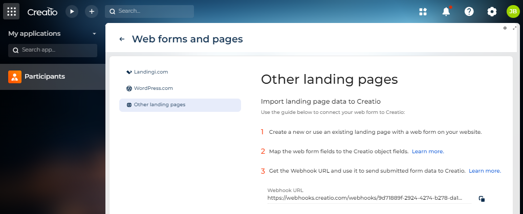 Fig. 8 Get the Webhook URL for other landing pages