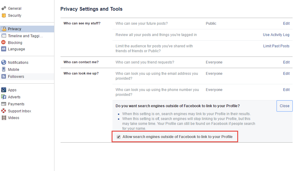 Fig. 7 – Facebook privacy settings page