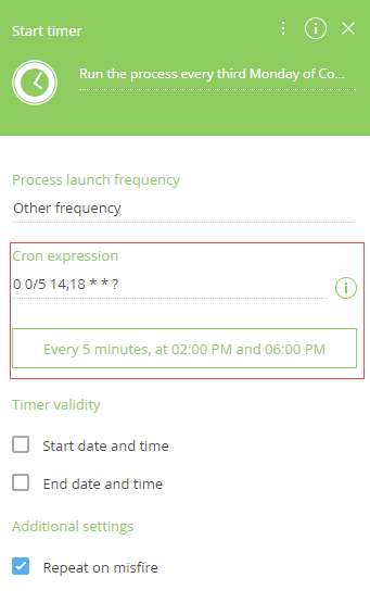 Fig. 8 The Start timer event configured to launch a process from 14:00 to 14:59 and from 18:00 to 18:59 daily