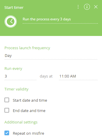 Fig. 4 The Start timer event setup for running the process every three days at 11 am