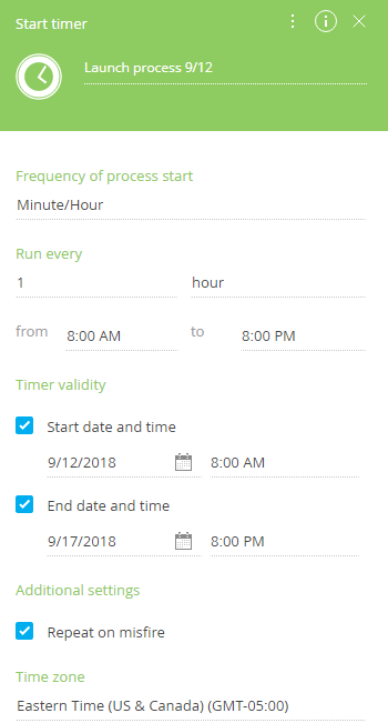 Fig. 3 The Start timer event setup for running the process every hour from 8 am till 8 pm