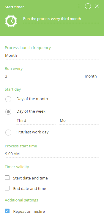 Fig. 6 The Start timer event setup for running the process monthly