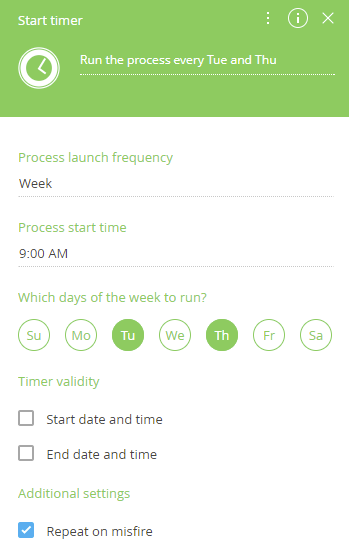 Fig. 5 The Start timer event setup for running the process every Tuesday and Thursday at 9 am