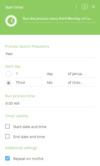 Fig. 7 The Start timer event setup for running the process every third Monday of October every year