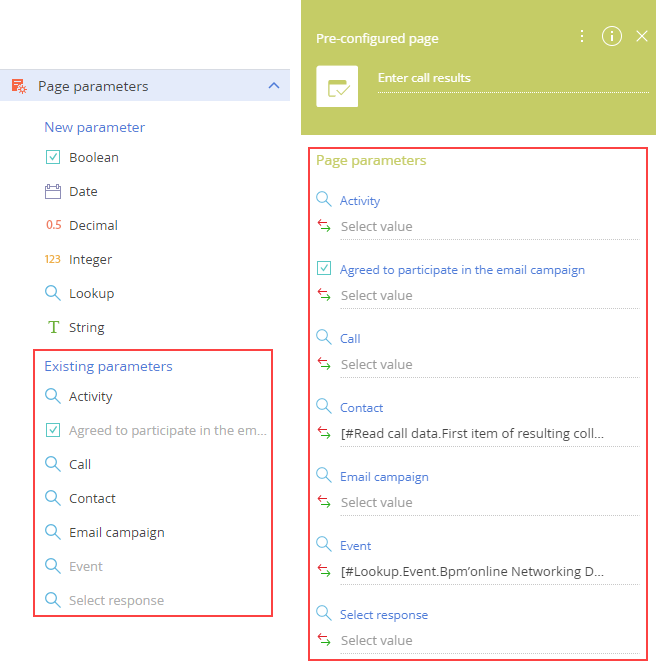 Fig. 8 The page parameter fields in the Page Designer (left) and page parameters in the Pre-configured page element setup area (right)