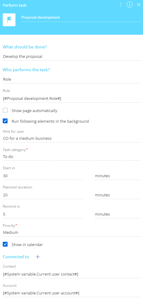 Fig. 1 The Perform task element setup area