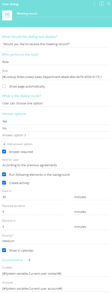 Fig. 2 The User dialog element setup area