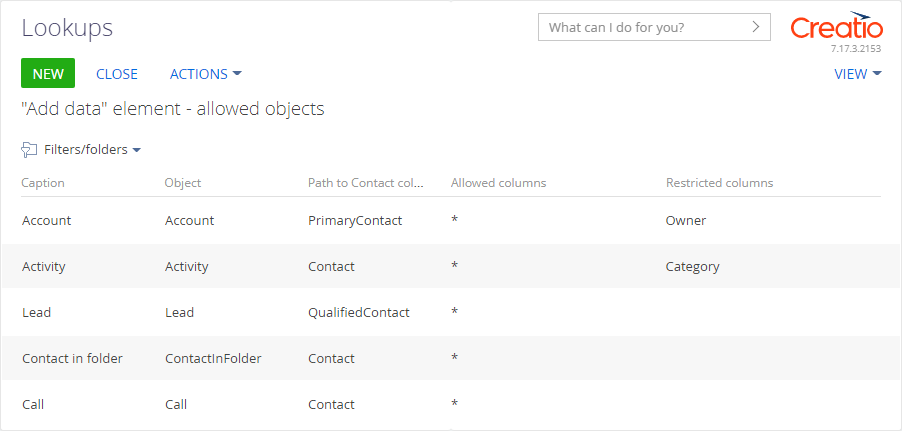 Fig. 16 “Add data“ element - allowed objects lookup