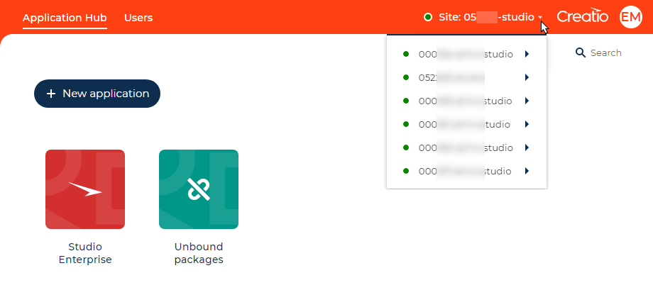 Fig. 5 The list of environments in the Application Hub