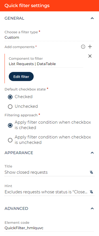 Fig. 1 Set up a Quick filter component that uses a custom filter