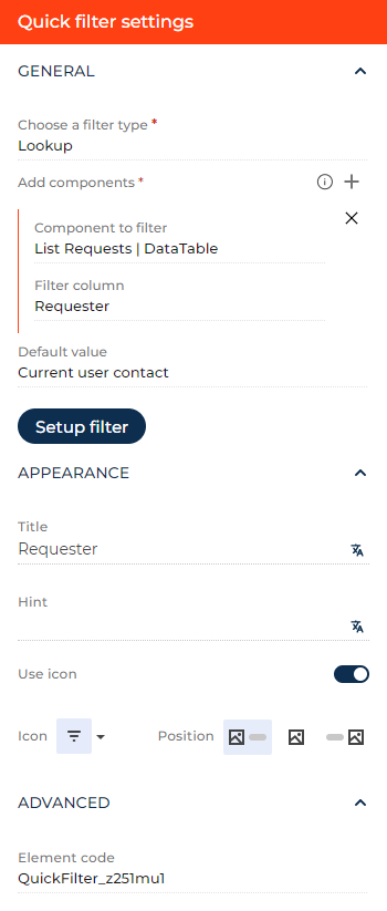 Fig. 3 Set up a Quick filter component that uses a lookup filter