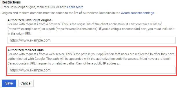 Fig. 7 Adding a redirect URL to the Google API