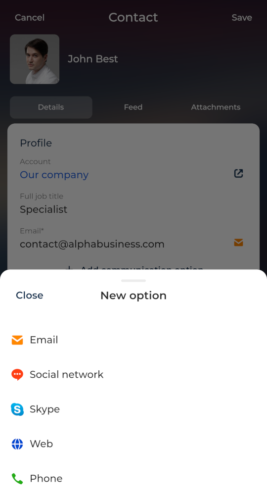 Communication options component on mobile