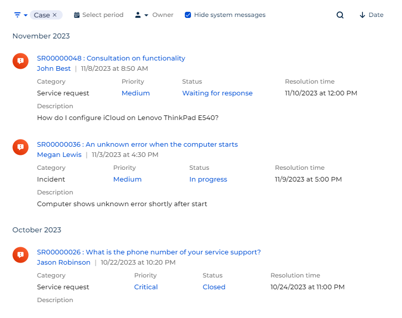 Cases in the Timeline component