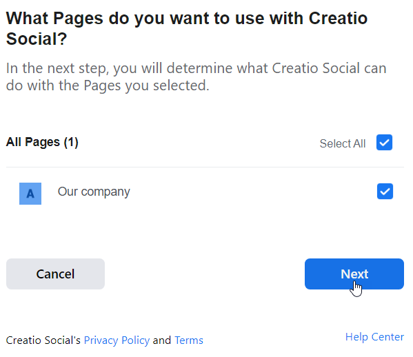 Fig. 1 Selecting a Facebook Page to synchronize with Creatio