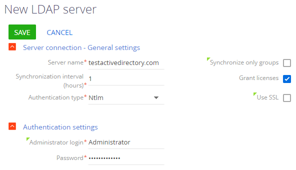 Fig. 1 Connection settings of the LDAP server for Active Directory