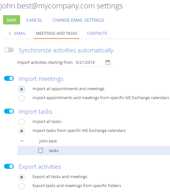 Fig. 1 Set up the synchronization of Creatio activities with Microsoft Exchange calendar