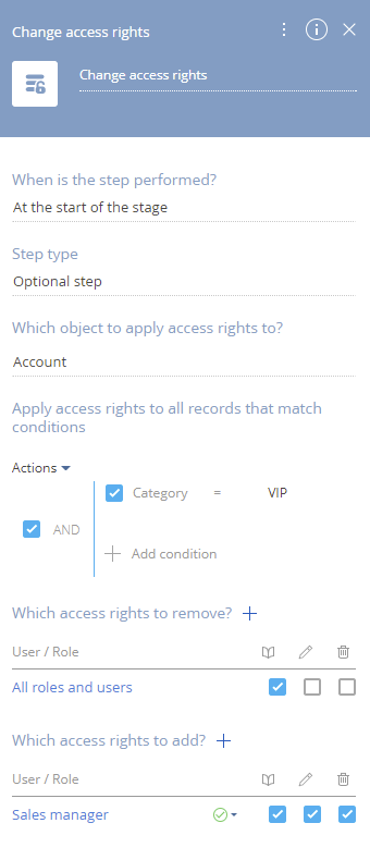 Fig. 1 The Change access rights element setup area