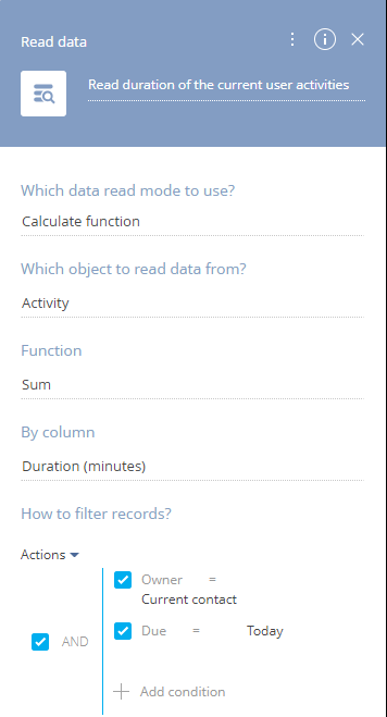 Fig. 15 The Read data element setup area “Calculate function“ mode