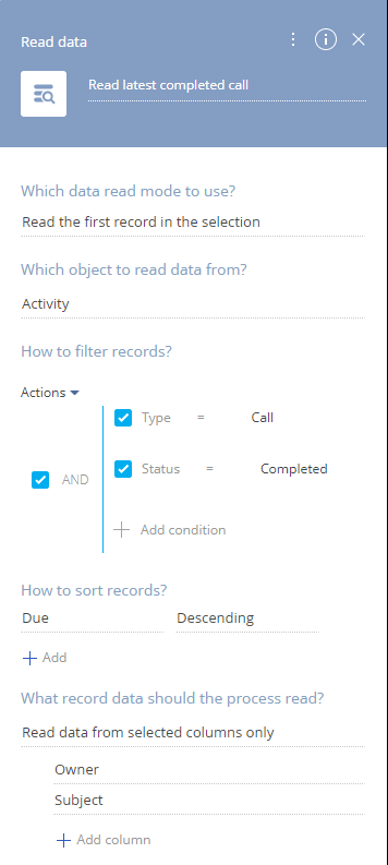 Fig. 6 Example of Read data element settings for reading the first record in selection