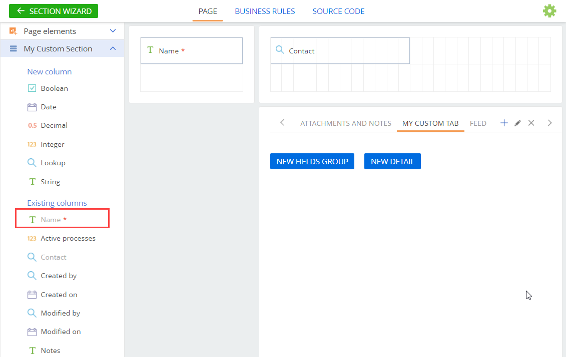 Fig. 1 A required column in the list of available columns of the Page Designer