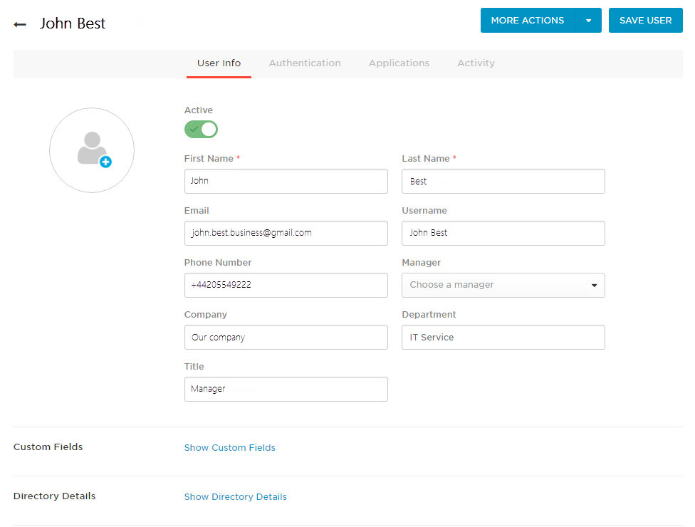 Fig. 2 Account fields in the OneLogin identity provider