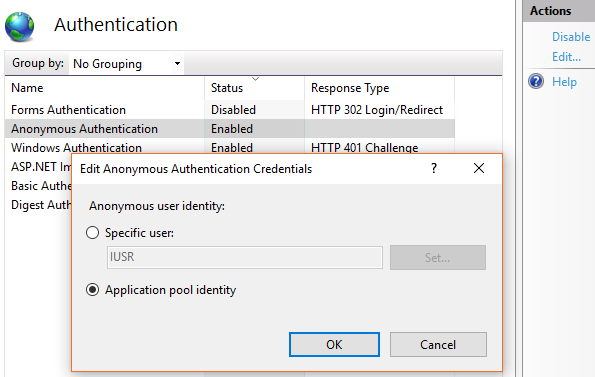 Fig. 3 Enter the credentials for anonymous authentication in IIS