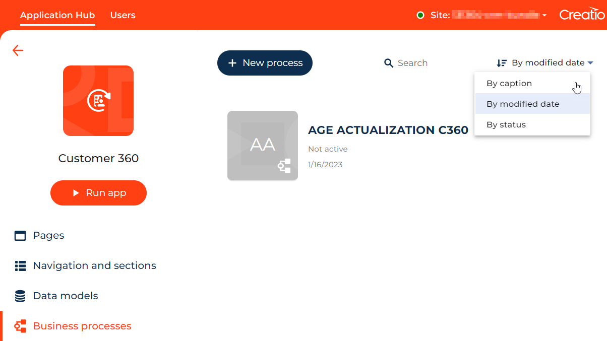 Fig. 5 Business processes tab in the Customer 360 app