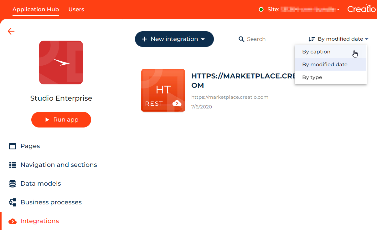 Fig. 6 Integrations tab in the Studio Enterprise app