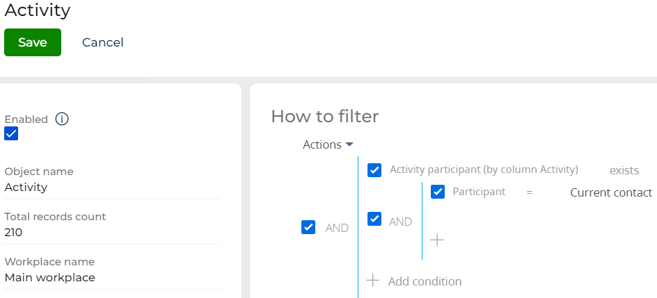 Fig. 2 Filter settings for the “Activity” object