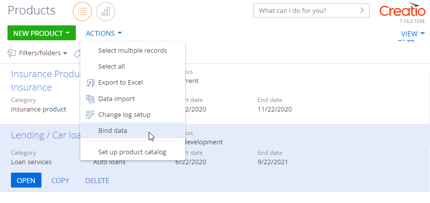 Binding the product data