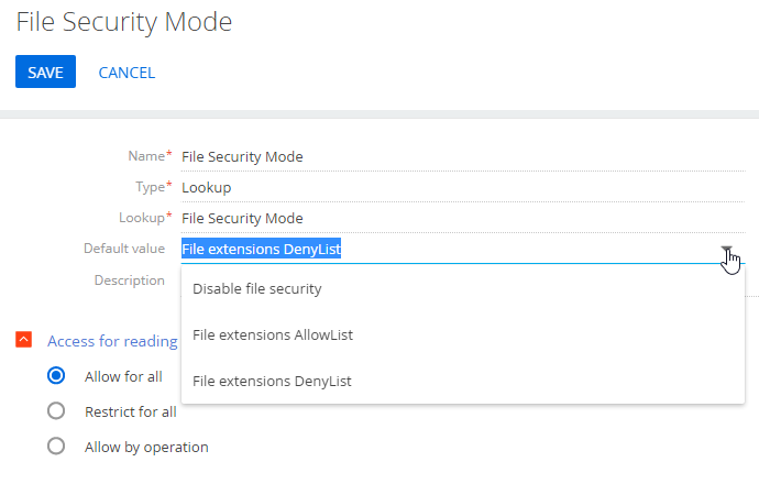 Setting the file security mode when uploading a file to Creatio